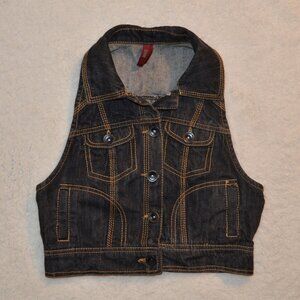 Max Rave dark denim crop vest with 4 pockets, shirt collar and racerback size S